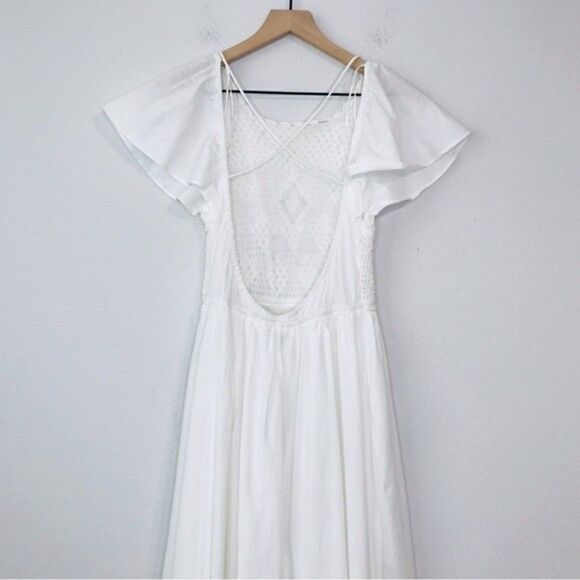 New! Zara Linen Crochet Bohemian Open Back Tiered Ruffle Sleeve White Maxi Dress - Picture 5 of 13